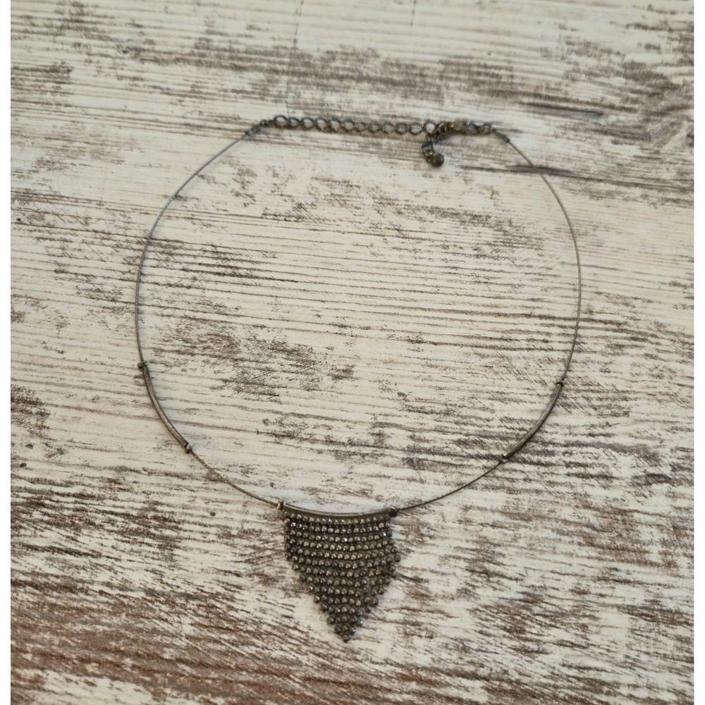 Vintage Silver Tone Wire Choker Necklace Beaded Fringe Pendant Statement Jewelry